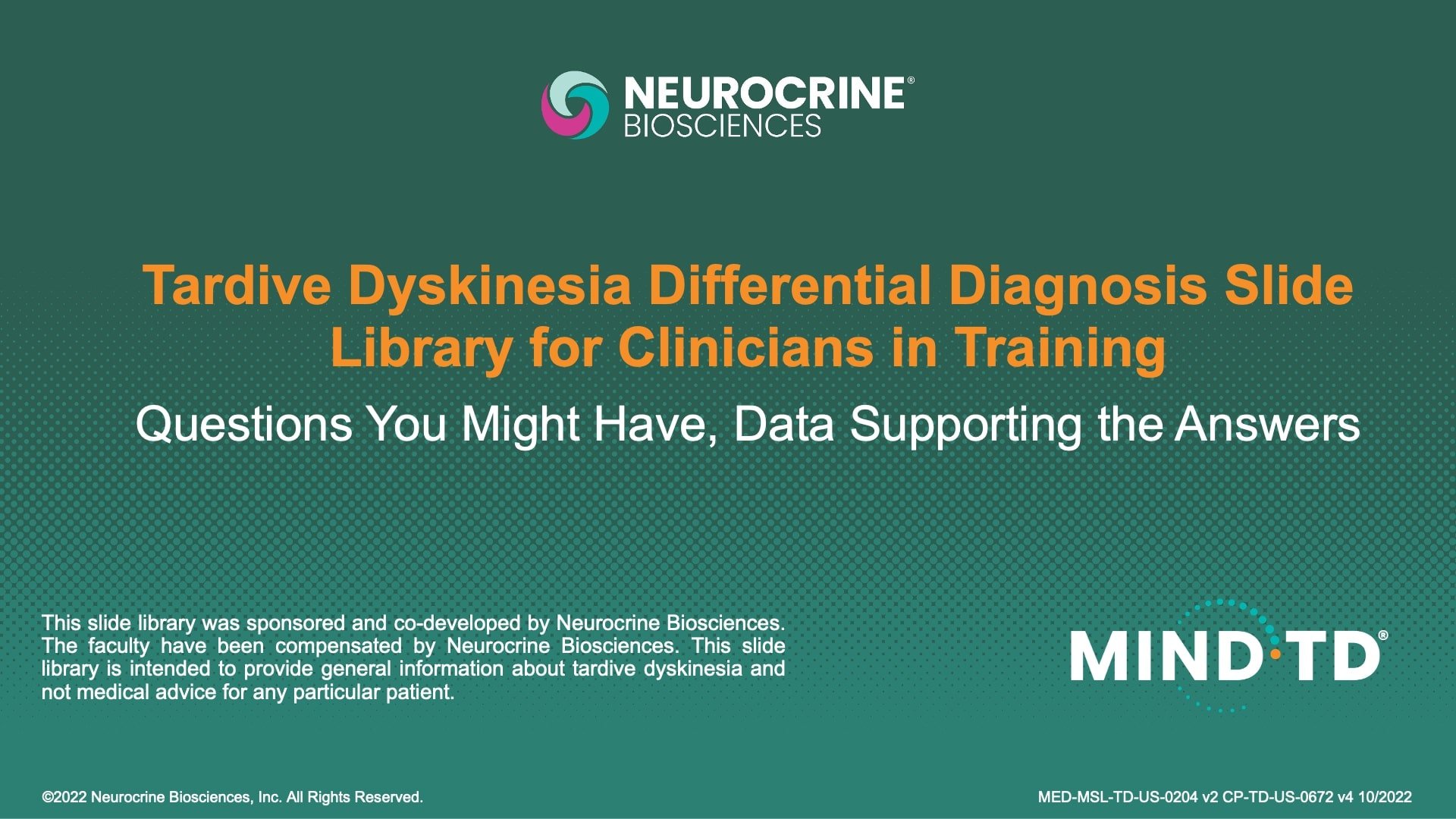 Tardive Dyskinesia Differential Diagnosis Slide Library for Clinicians in Training, Slide 1